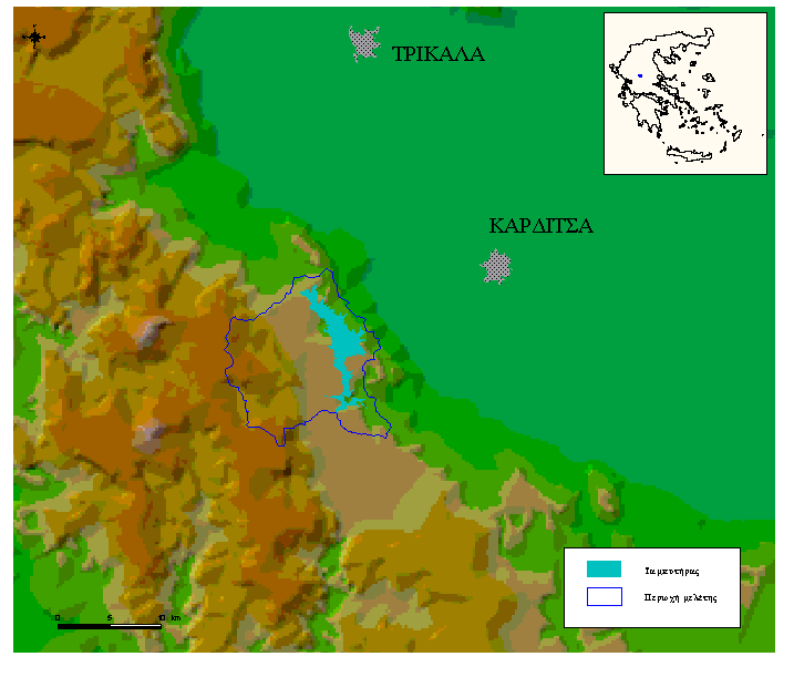 Σχήµα 2.1: Χάρτης της ευρύτερης περιοχής µελέτης, στον οποίο απεικονίζονται τα όρια της λεκάνης απορροής του ταµιευτήρα. 2.3 Λεκάνη απορροής Η λεκάνη απορροής ανάντη του φράγµατος έχει έκταση 161.