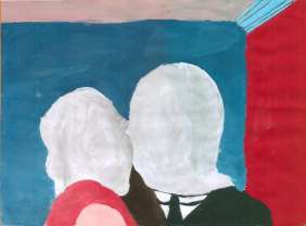 The Lovers, Rene Magritte Στον συγκεκριμένο πίνακα,το ύφασμα που εμποδίζει τους δύο εραστές απο την σαρκική επαφή συμβολίζει την απομόνωση και την απογοήτευση,καταργώντας το πάθος των δύο εραστών και