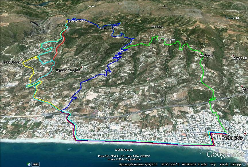 Εικόνα 3.2 Οι 5 διαδρομές που αξιολογήθηκαν μεταξύ Ρεθύμνου και Πρασιανού Φαραγγιού. 5. Χαρακτηριστικά των προτεινόμενων ποδηλατικών διαδρομών στην ενδοχώρα του δήμου Το προτεινόμενο δίκτυο ποδηλατικών διαδρομών στο δήμο Ρεθύμνου φαίνεται στο σχέδιο 13.