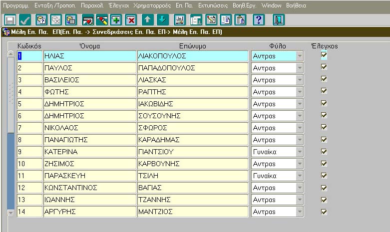 Σε αυτή την οθόνη καταχωρίζονται τα ονοματεπώνυμα και το φύλο των μελών της Επ. Πα., καθώς και ένας κωδικός, ο οποίος μπορεί να έχει αύξουσα μορφή.
