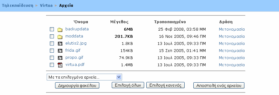 Εικόνα 46 Επεξεργασία αρχείων και φακέλων του μαθήματος Επίσης, για να γίνεται καλύτερα η ομαδοποίηση των αρχείων σας μπορείτε να δημιουργήσετε ένα φάκελο επιλέγοντας «Δημιουργία φακέλου».