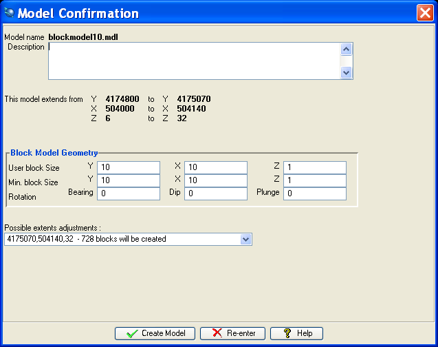 Δημιουργία Block Model Επιβεβαίωση στοιχείων του μοντέλου Στο παράθυρο που εμφανίζεται συνοψίζονται τα κύρια