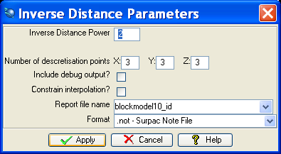 Δημιουργία Block Model Καθορισμός παραμέτρων εφαρμογής της μεθόδου Inverse distance Στη συνέχεια ορίζουμε τις παραμέτρους για την εφαρμογή της μεθόδου Inverse Distance, καθώς και το όνομα και τη