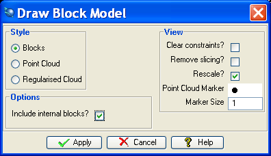 Δημιουργία Block Model Επιλογές εμφάνισης των blocks Στο παράθυρο επιλογών που εμφανίζεται, επιλέγουμε να