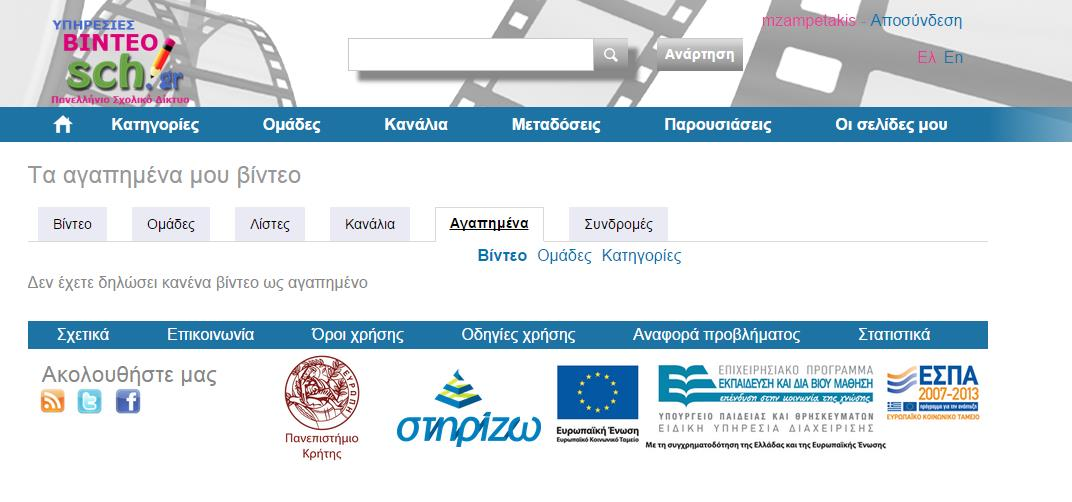 Εικόνα 40 Επεξεργασία Δικαιωμάτων υλικού Στην καρτέλα «Αγαπημένα» ο χρήστης μπορεί να επιλέξει μια από τις επιλογές «Βίντεο», «Ομάδες», «Κατηγορίες» ώστε να δει τις το υλικό που έχει προσθέσει στα