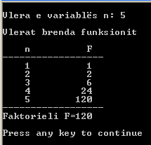 Funksionet 377 return F; Nëse ekzekutohet programi i dhënë, rezultati do të duket si në Fig.6.