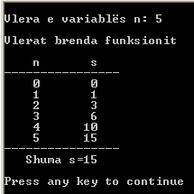 380 Bazat e programimit në C++ cout << setw(5) << n << setw(8) << s return s; Nëse ekzekutohet ky version i programit, rezultati do të duket si në Fig.6.