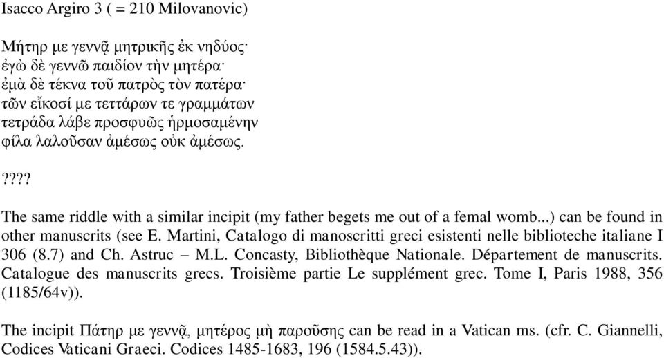 Martini, Catalogo di manoscritti greci esistenti nelle biblioteche italiane I 306 (8.7) and Ch. Astruc M.L. Concasty, Bibliothèque Nationale. Département de manuscrits. Catalogue des manuscrits grecs.