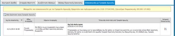 Εικόνα 8.140: Προβολή ιστορικού ομιλίας. 8.3.2.1.4 Σενάριο Ελέγχου 4: Έλεγχος επιλογής Νέα Ερώτηση προς Γραφείο Αρωγής Ο χρήστης που εκτελεί τη δοκιμή στην εφαρμογή Φοιτητή, επιλέγει την ένδειξη Νέα Ερώτηση προς Γραφείο Αρωγής.