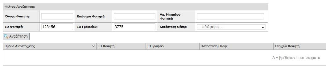 ενδιαφέρει. Στη συνέχεια, ο χρήστης συμπληρώνει μη έγκυρες τιμές στα πεδία της αναζήτησης κι έπειτα επιλέγει «Αναζήτηση».