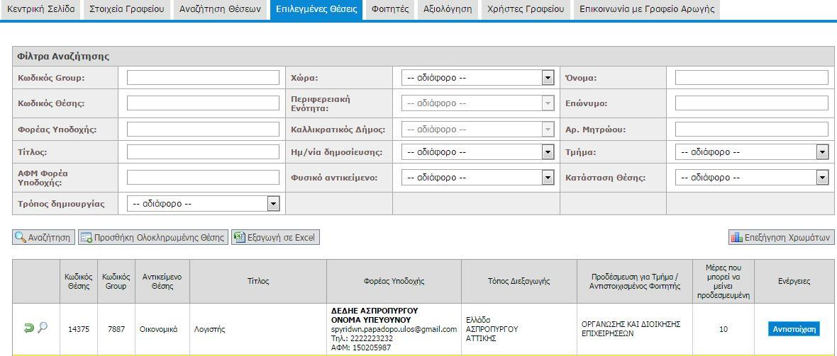 Το Γραφείο Πρακτικής Άσκησης μπορεί να προβάλει όλα τα στοιχεία της Θέσης, η οποία θα εμφανίζεται με λευκό χρώμα, τα στοιχεία της προδέσμευσης καθώς και τις μέρες για τις οποίες αυτή μπορεί να