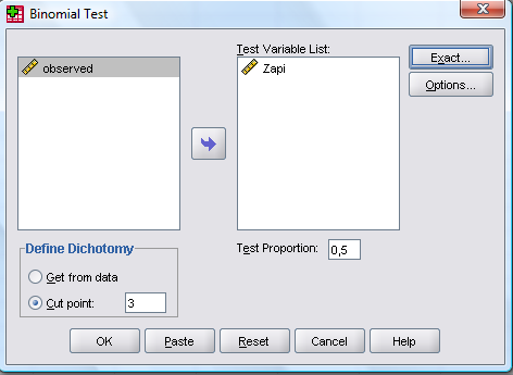 Έλεγχος για ποσοστό a. Click Analyze b. Nonparametric Tests c. Binomial d. Επιλέγω Test Variable List Zapi e. Επιλέγω Test Proportion 0,5 (0,333) f. Επιλέγω Cut point 3 () g.