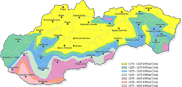 Obrázok č. 18. Slnečné žiarenie dopadajúce na územie Slovenska [ kwh.m 2.rok -1 ] Solárny systém aktívne využíva slnečnú energiu a transformuje ju na tepelnú energiu.