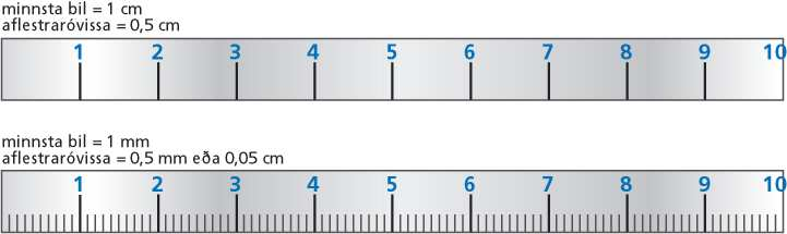 Mælinákvæmni og markverðir aukastafir Mæliskekkjan Óvissumat ½ minnsta bil aflestrarkvarðans Dæmi ef minnsta bilið er 1mm og við mælum
