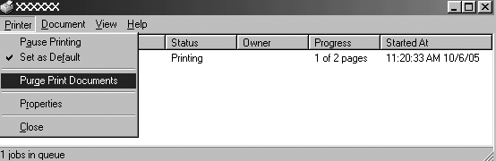 . Κατά την ακύρωση όλων των εγγράφων εκτύπωσης, επιλέξτε το στοιχείο Purge Print Documents (Εκκαθάριση εγγράφων εκτύπωσης) (στα Windows Me ή 98) ή το στοιχείο Cancel All Documents (Ακύρωση όλων των