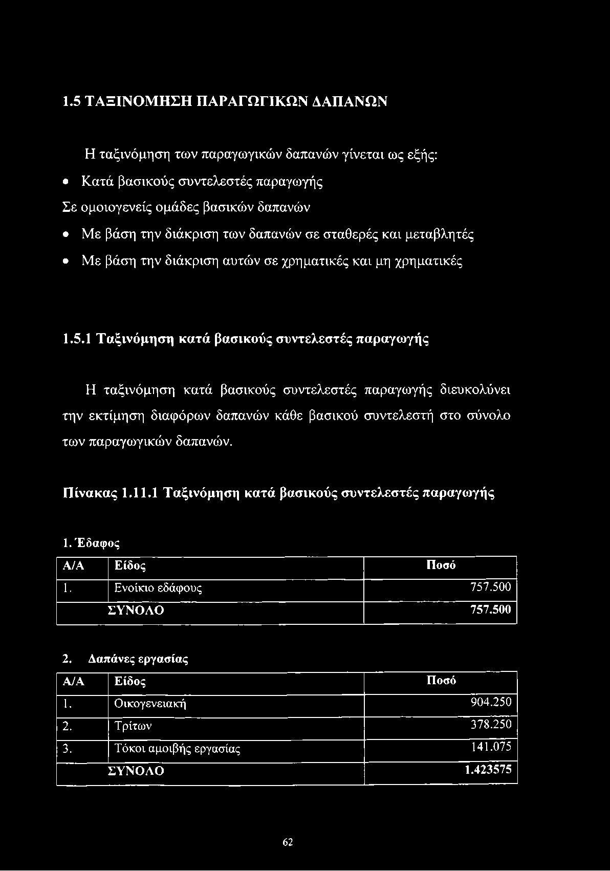 1.5 ΤΑΞΙΝΟΜΗΣΗ ΠΑΡΑΓΩΓΙΚΩΝ ΔΑΠΑΝΩΝ Η ταξινόμηση των παραγωγικών δαπανών γίνεται ως εξής: Κατά βασικούς συντελεστές παραγωγής Σε ομοιογενείς ομάδες βασικών δαπανών Με βάση την διάκριση των δαπανών σε