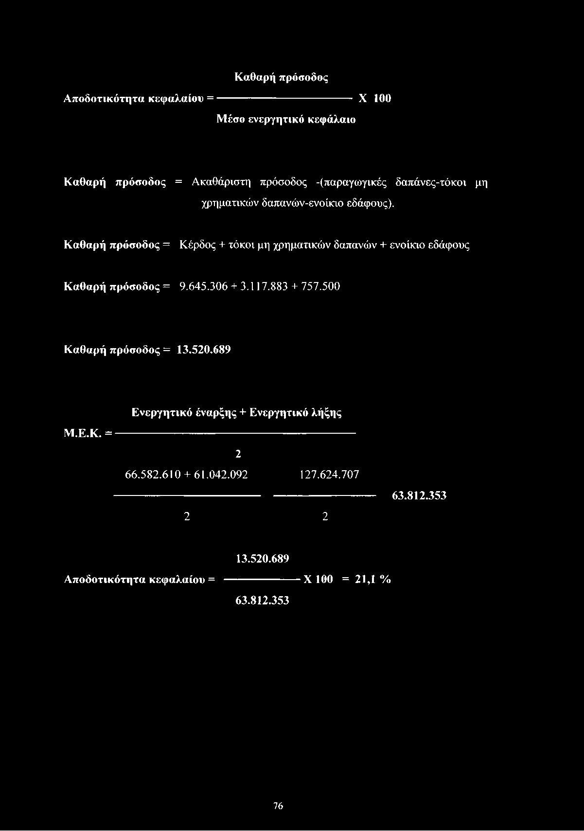 Καθαρή πρόσοδος Αποδοτικότητα κεφαλαίου = ---------------------------------- X 100 Μέσο ενεργητικό κεφάλαιο Καθαρή πρόσοδος = Ακαθάριστη πρόσοδος -(παραγωγικές δαπάνες-τόκοι μη χρηματικών
