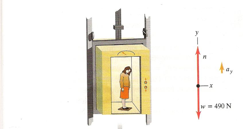 Παράδειγμα: Φαινόμενο βάρος σε επιταχυνόμενο ανελκυστήρα. Γυναίκα μάζας 50,0 kg στέκεται σε ζυγαριά μπάνιου ενώ ταξιδεύει με τον ανελκυστήρα του προηγούμενου παραδείγματος.