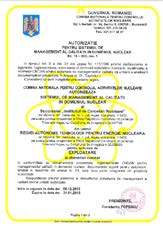 Certificări şi autorizări Certificat SRAC pentru Sistemul de Management al Calităţii aplicabil următorului domeniu de activitate: Proiectarea, dezvoltarea şi fabricarea de echipamente nucleare şi
