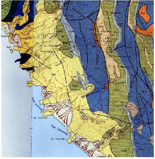 Η περιοχή μελέτης περιλαμβάνεται σε δύο φύλλα γεωλογικών χαρτών κλίμακας 1:50000, το Φύλλο «Ξηροκάμπιον» και το Φύλλο «Καρδαμύλη» (σχήμα 9).