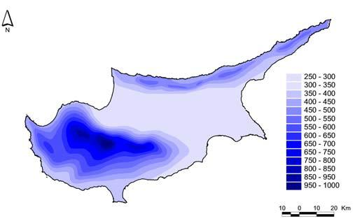 Χάρτθσ 1 : Μζςθ ετιςια βροχόπτωςθ ςτθν Κφπρο (Γραφείο Τφπου και Ρλθροφοριϊν, 2002) Στο ςχιμα 2 διακρίνουμε τθν μζςθ ετιςια βροχόπτωςθ ςτθν Κφπρο τθν περίοδο από το 1987 μζχρι το 2008.