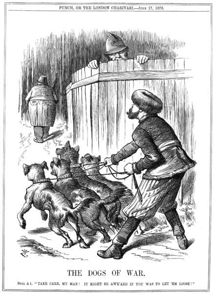 Αγγλική γελοιογραφία (1876): «Τα (ρωσικά) σκυλιά του πολέμου».