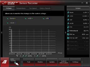 Εκκίνηση και διαμόρφωση του Sensor Recorder Το Sensor Recorder σας δίνει τη δυνατότητα να παρακολουθείτε τις αλλαγές στην τάση του συστήματος, τη θερμοκρασία και την ταχύτητα του ανεμιστήρα καθώς και