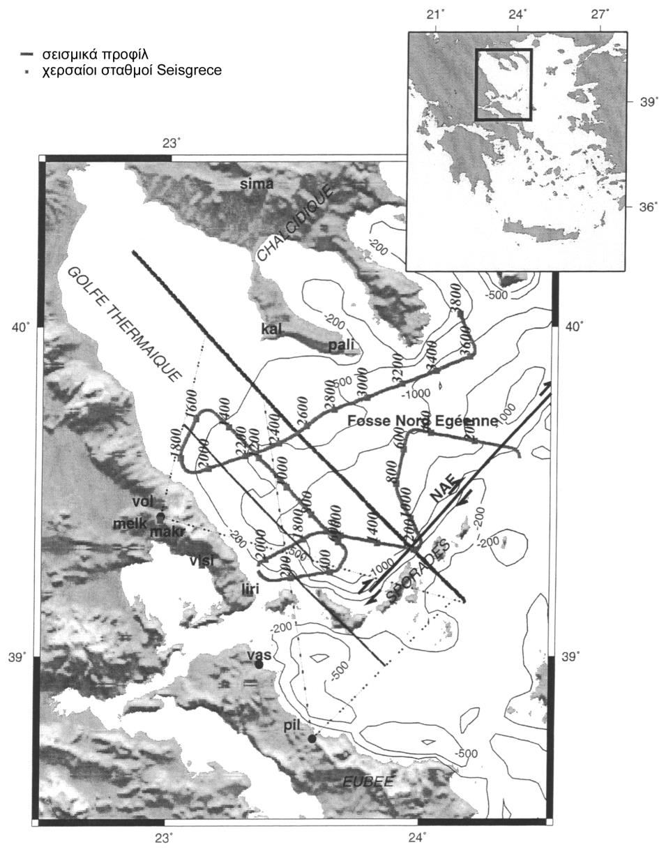 Σχ. 4.1 Χάρτης των σεισμικών προφίλ που πραγματοποιήθηκαν κατά τη διάρκεια των προγραμμάτων Streamers (με την παχειά γραμμή) και Seisgrece. 4.1.2 SEISGRECE 1998 Το σεισμικό πείραμα Seisgrece πραγματοποιήθηκε το 1998.