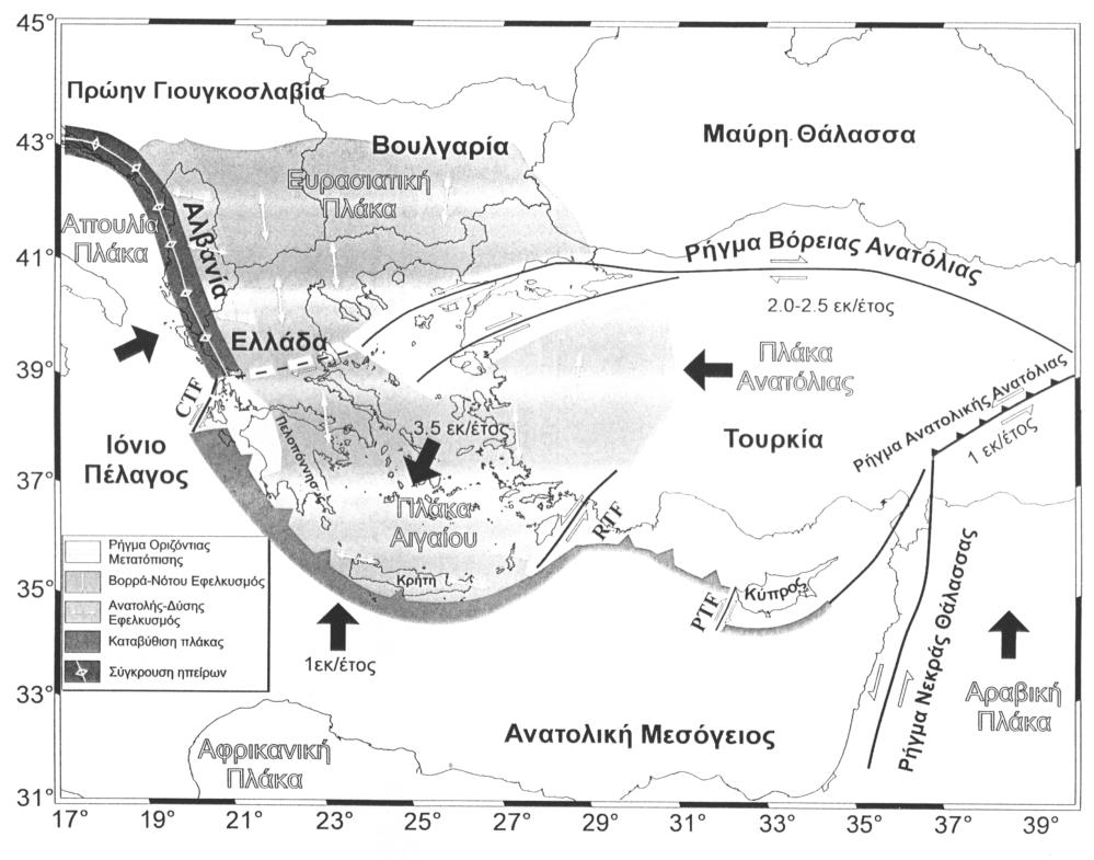 δυτικά, στη περιοχή του Αιγαίου. Η πλάκα του Αιγαίου αναγκάζεται να μετακινηθεί προς την βυθιζόμενη κατά μήκος του Ελληνικού Τόξου, Αφρικανική πλάκα (McKenzie 1972, Dewey and Sengor 1989).