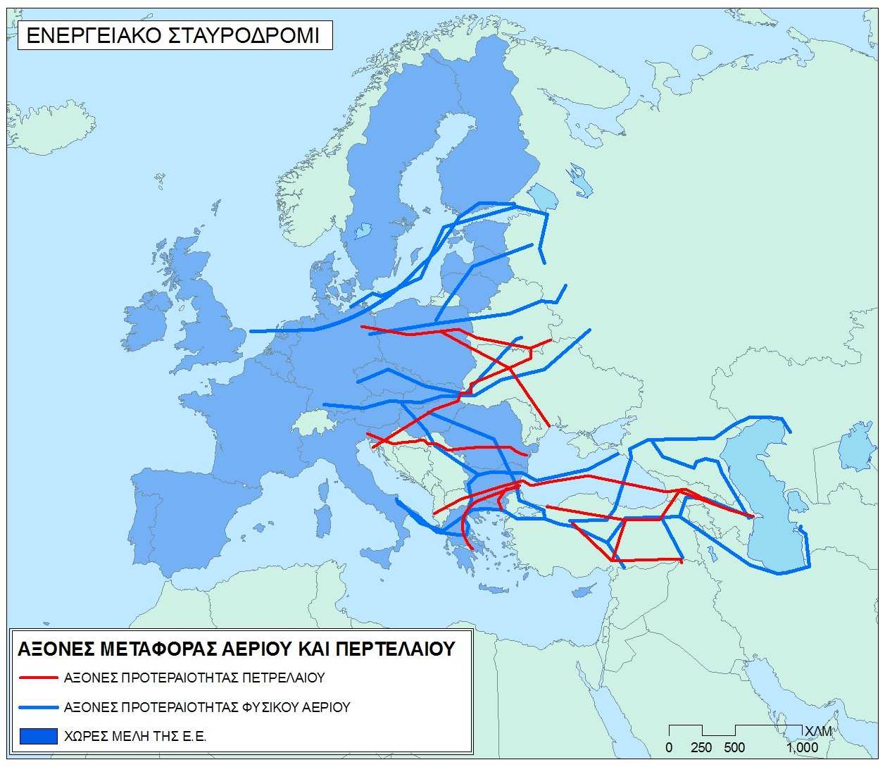 Χάρτης 41. Οι κύριες γραμμές μεταφοράς (πηγές:http://maps.grida.no, http://bankwatch.org, http://www.nabucco-pipeline.com, http://www.inogate.