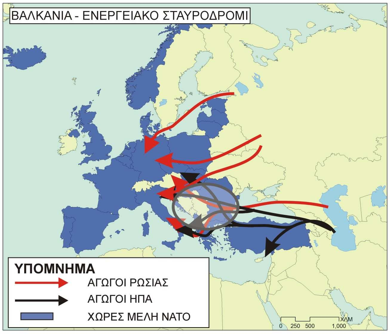 Χάρτης 42. Η περιοχή των Βαλκανίων, ως ενεργειακό σταυροδρόμι και η σύγκρουση συμφερόντων (πηγές: http://maps.grida.