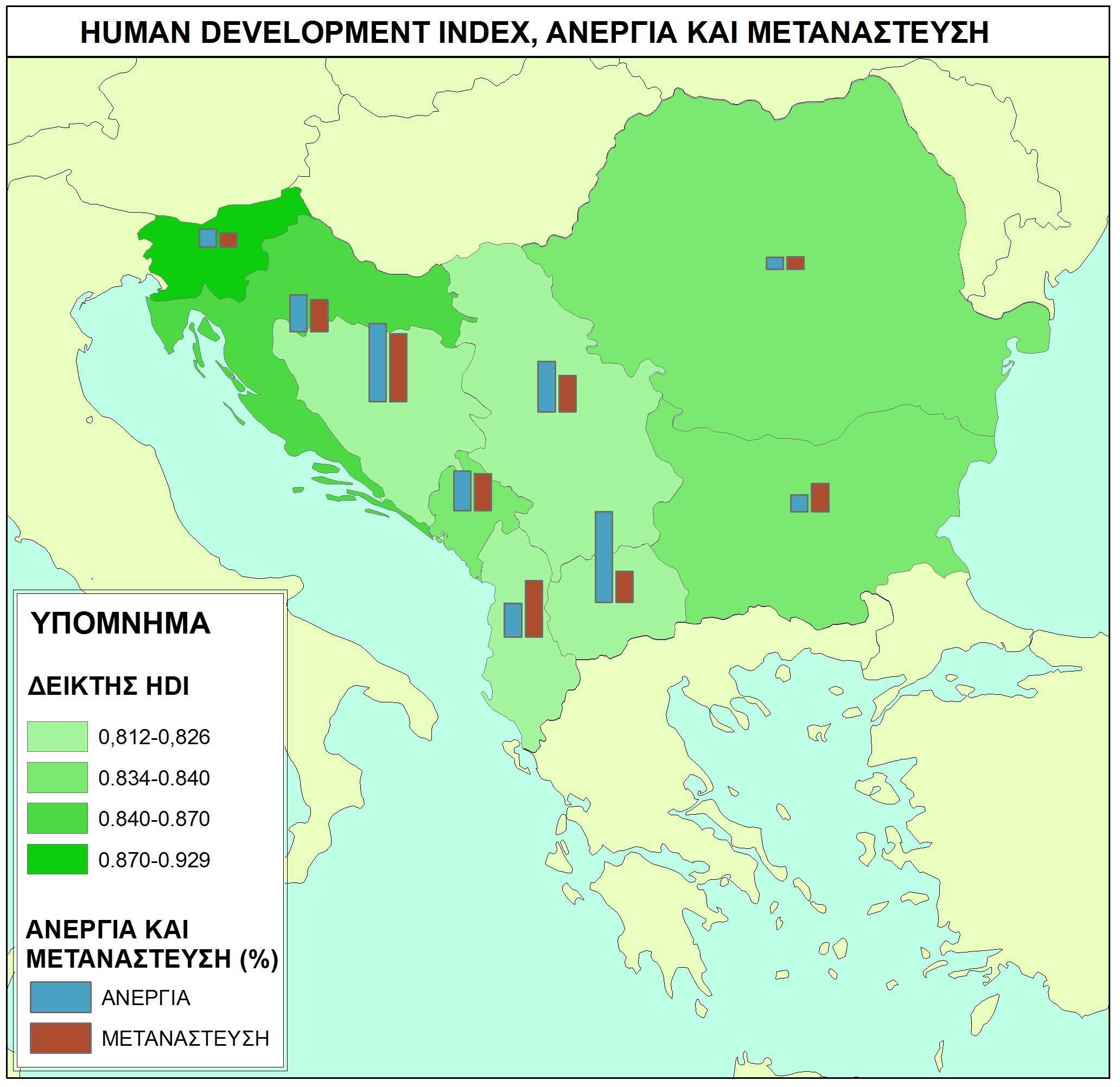 Χάρτης 23. Η διαβάθμιση των χωρών γίνεται με βάση τον δείκτη HDI και με μπάρες απεικονίζονται το ποσοστό ανεργίας των χωρών και το ποσοστό μετανάστευσης (πηγή στοιχείων: www.undp.