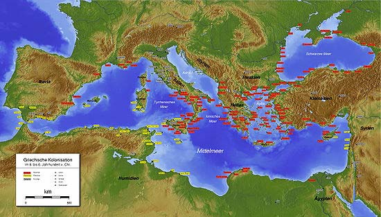 3. Παρατηρήστε προσεκτικά τον παρακάτω χάρτη. Όπως βλέπετε οι Έλληνες δεν ίδρυσαν αποικίες στις ανατολικές ακτές της Μεσογείου και στο δυτικό τμήμα των βορειοαφρικανικών παραλίων.