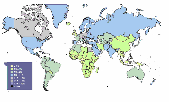 Χάρτης 1: Ο επιπολασμός του διαβήτη, το 2003 [11]