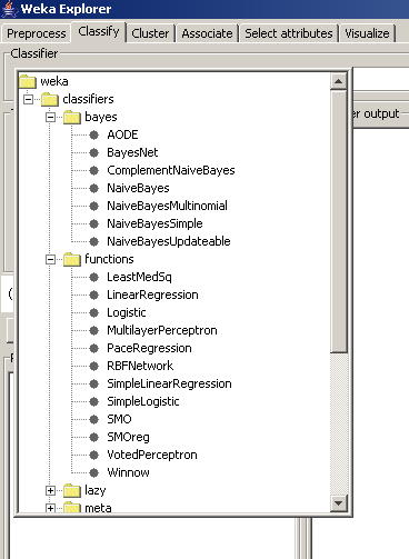 146 5.5 Ταξινόμηση με τη χρήση Naive Bayes Μέχρι στιγμής χρησιμοποιήσαμε 2 ταξινομητές για αυτό το προβλήματα κατηγοριοποίησης. Το Weka υποστηρίζει πολύ περισσότερους (Σχήμα 5.23).
