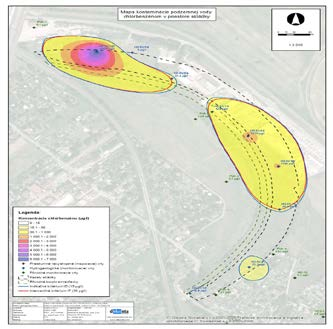 Na nižšie uvedených obrázkoch je znázornené prieskumom zistené znečistenie podzemnej vody v záujmovom území vybranými kontaminantmi (podrobné mapy znečistenia sú uvedené v