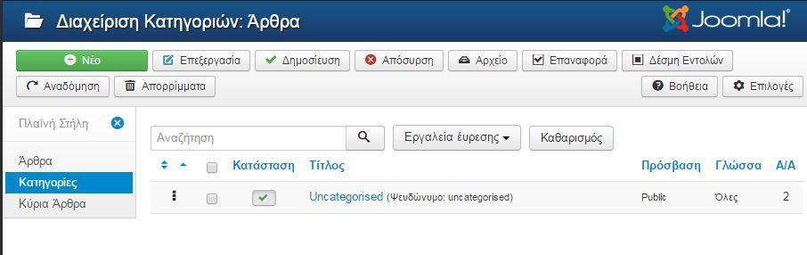 4.4 Υλοποίηση της Ιστοσελίδας για το τμήμα Διοίκησης Επιχειρήσεων Αρχικά δημιουργούμε τη δομή της ιστοσελίδας (αντίστοιχες κατηγορίες), τα μενού πλοήγησης και εφαρμόζουμε μια νέα εμφάνιση (template