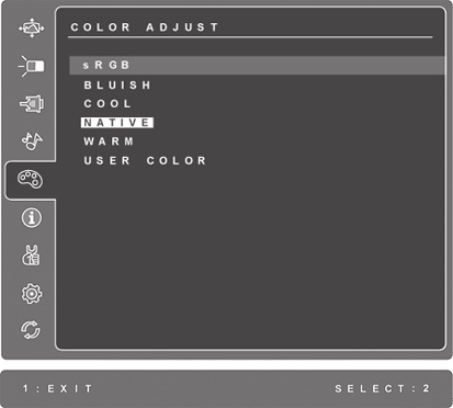 Χειριστήρια Επεξήγηση Color Adjust (Ρύθμιση Χρώματος) προσφέρει αρκετές λειτουργίες ρύθμισης χρώματος, που περιλαμβάνουν προεπιλεγμένες θερμοκρασίες χρώματος και μία λειτουργία Χρώματος Χρήστη που