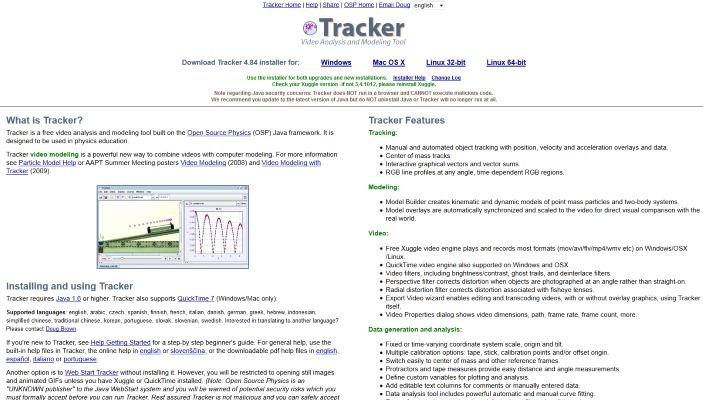 Παράρτημα A: Εγκατάσταση του Λογισμικού Λήψη του λογισμικού Εικόνα 74: Επίσημη σελίδα του Tracker Το TRACKER μπορούμε να το κάνουμε λήψη από: Την επίσημη σελίδα του OSP: http://www.opensourcephysics.