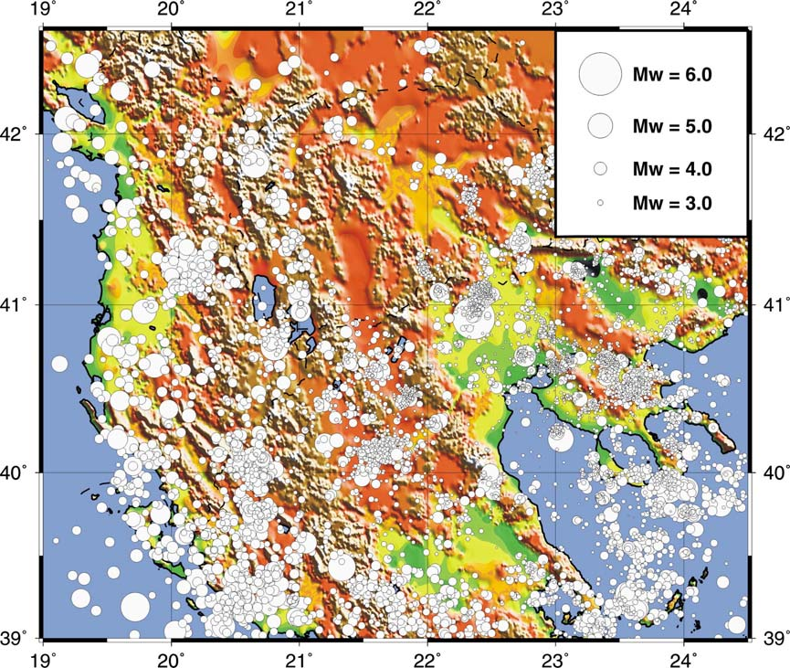 εστιακά βάθη και τα µεγέθη χαρτογραφήθηκαν τα επίκεντρα των σεισµών για τη χρονική περίοδο 1989-2001 οι οποίοι σηµειώθηκαν στον Βόρειο Ελληνικό χώρο (σχήµατα 6 και 7). Σχήµα 7.