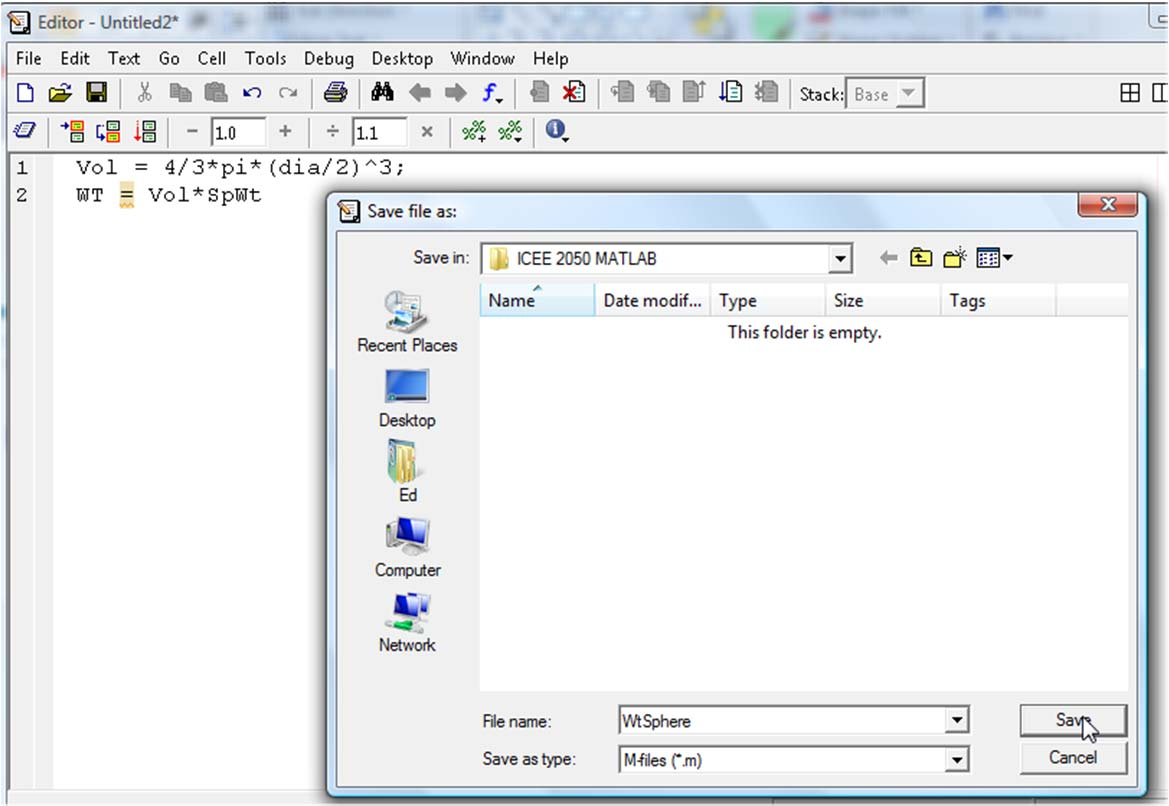 Παράδειγμα M File Το m file έχει αποθηκευτεί Current Directory, με το όνομα WtSphere.