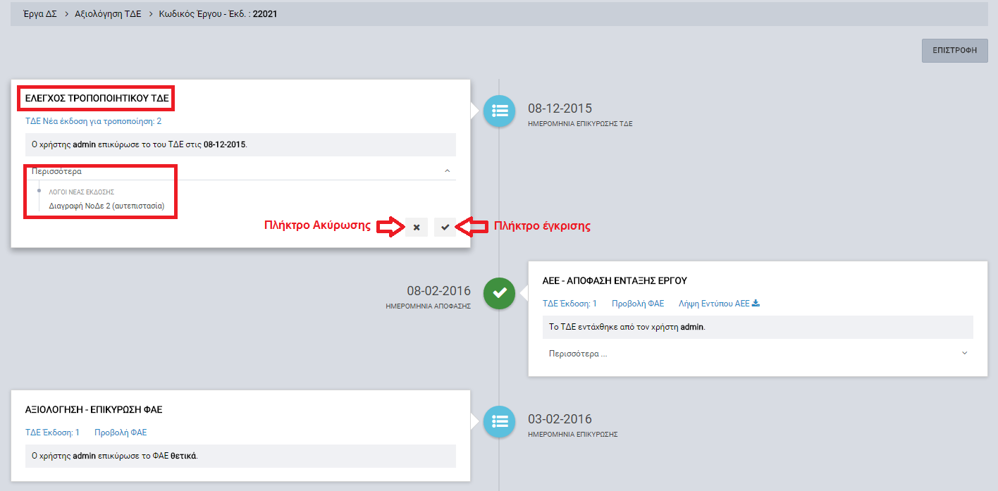 Εικόνα 19: Έλεγχος τροποποιητικού ΤΔΕ χωρίς επαναξιολόγηση Ο χρήστης έχει τη δυνατότητα να απορρίψει την τροποποίηση του ΤΔΕ ή να την εγκρίνει, πατώντας στο αντίστοιχο πλήκτρο.