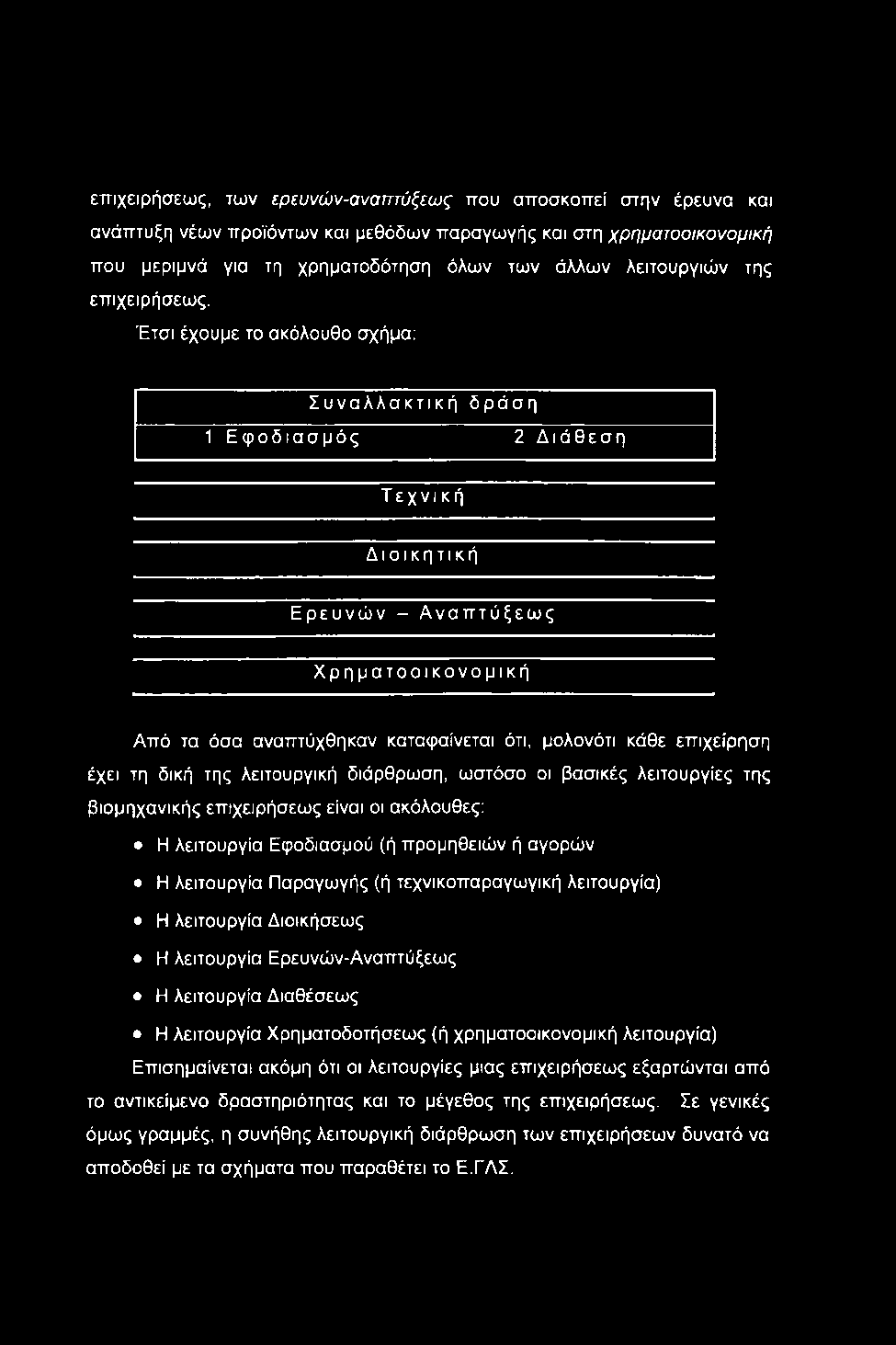 επιχειρήσεως, των ερευνών-αναπτύξεως ττου αποσκοπεί στην έρευνα και ανάπτυξη νέων προϊόντων και μεθόδων παραγωγής και στη χρηματοοικονομική που μεριμνά για τη χρηματοδότηση όλων των άλλων λειτουργιών