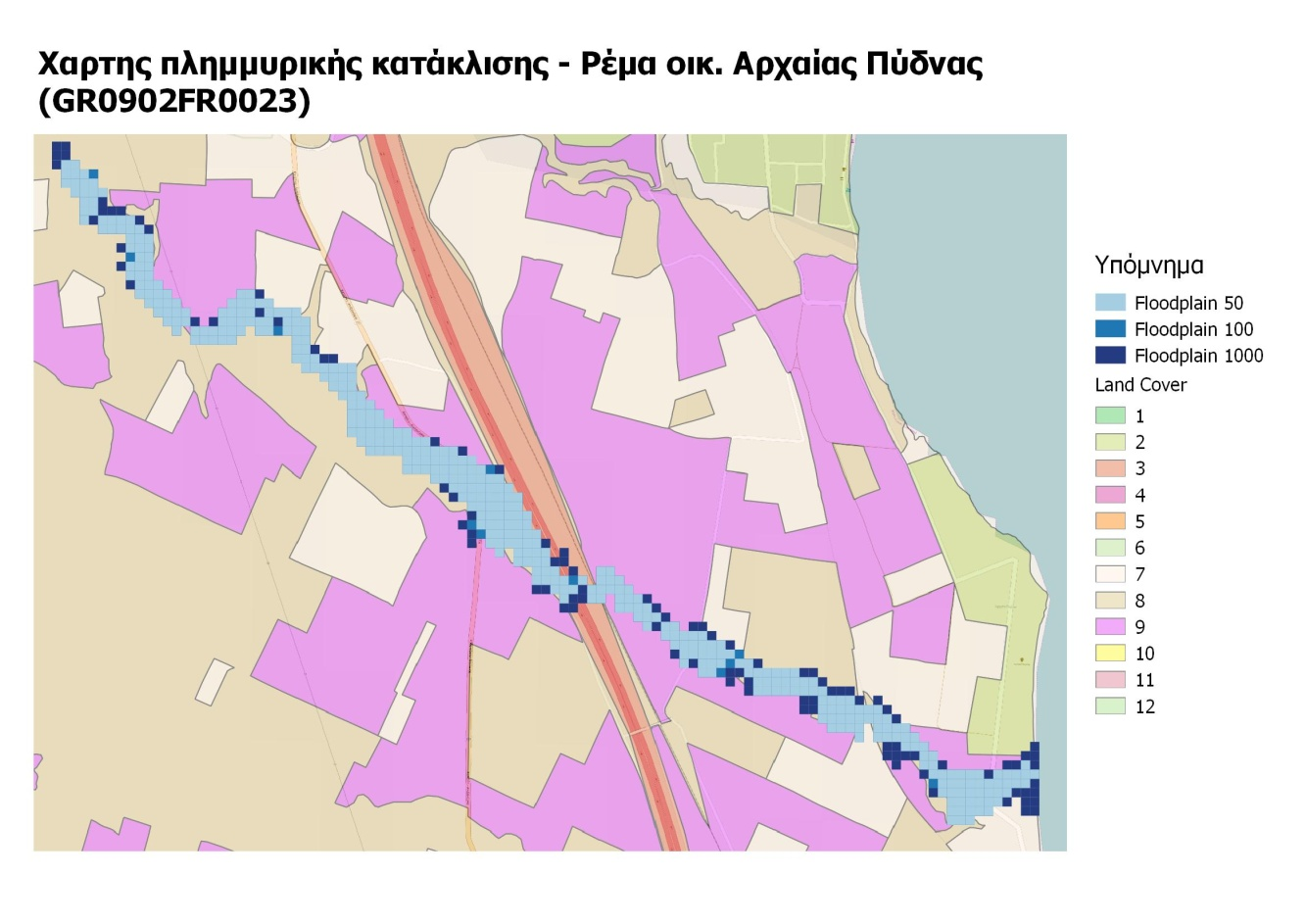 5.1.2 Αποτελέσματα Σχολιασμός Ρέμα Οικισμού Αρχαίας Πύδνας Με βάση τα αποτελέσματα της μοντελοποίησης, προκύπτει όμοια εικόνα πλημμυρικής κατάκλισης για τις περιόδους επαναφοράς Τ=50 και Τ=100 χρόνια.
