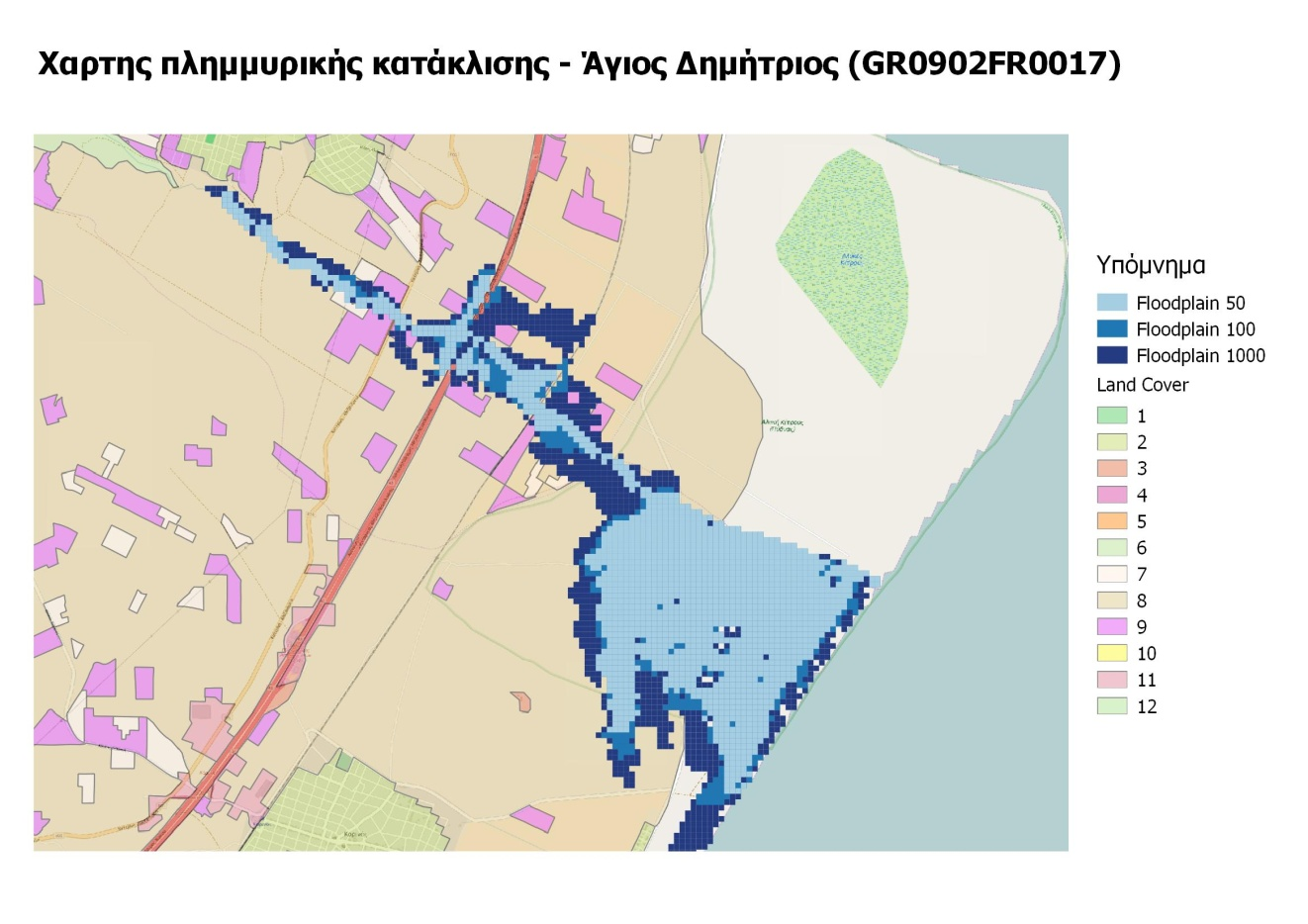 Εικόνα 5.5: Χάρτης πλημμυρικής κατάκλισης Ποταμός Άγιος Δημήτριος Ποταμός Σμίξη Με βάση τα αποτελέσματα της μοντελοποίησης μικρή πλημμυρική κατάκλιση παρουσιάζεται για περίοδο επαναφοράς 50 έτη.