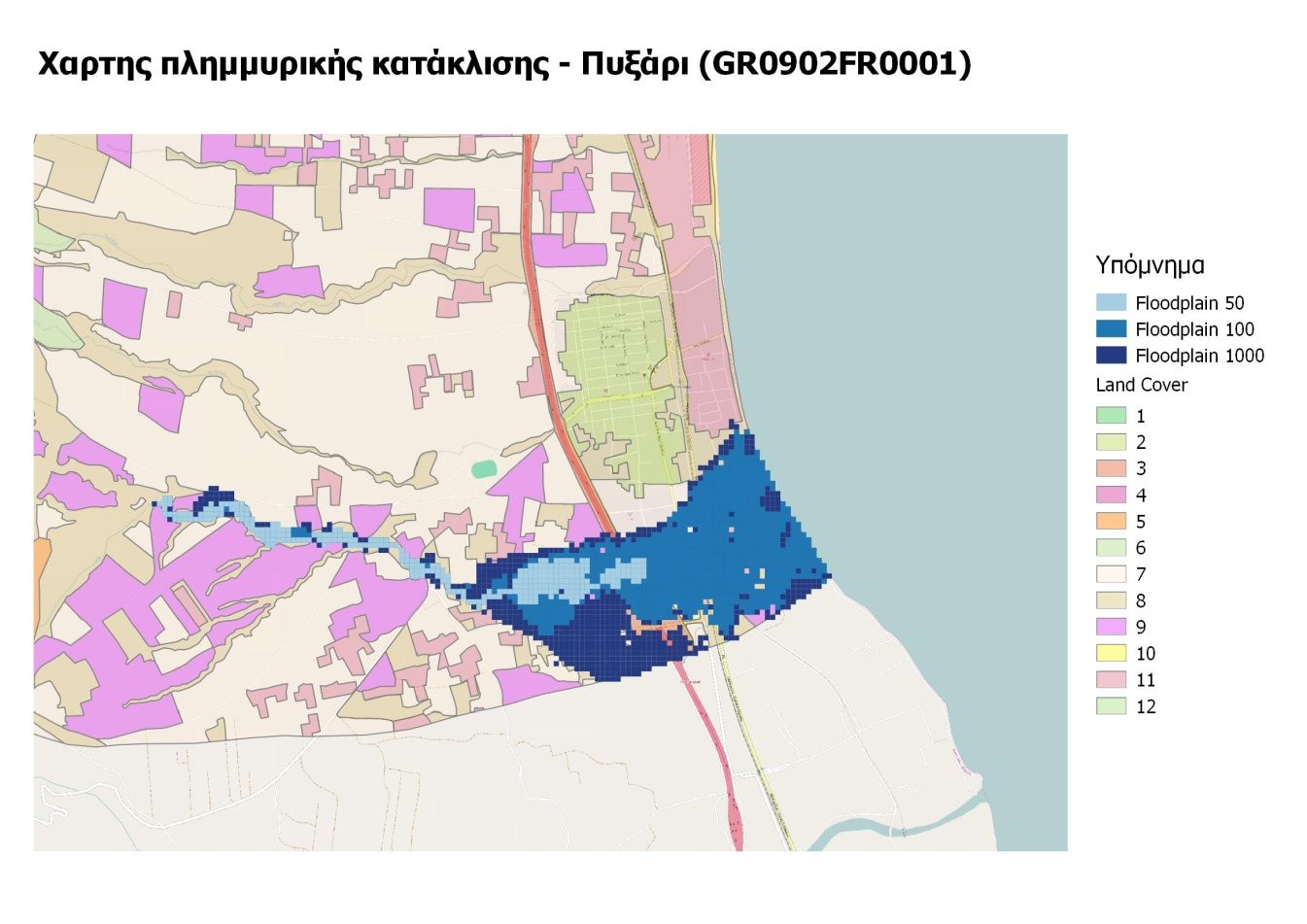 Εικόνα 5.9: Χάρτης πλημμυρικής κατάκλισης Ποταμός Πυξάρι Ποταμός Καλόγηρος Με βάση τα αποτελέσματα της μοντελοποίησης, παρατηρείται εικόνα έντονης πλημμυρικής κατάκλισης για περίοδο επαναφοράς Τ=50.