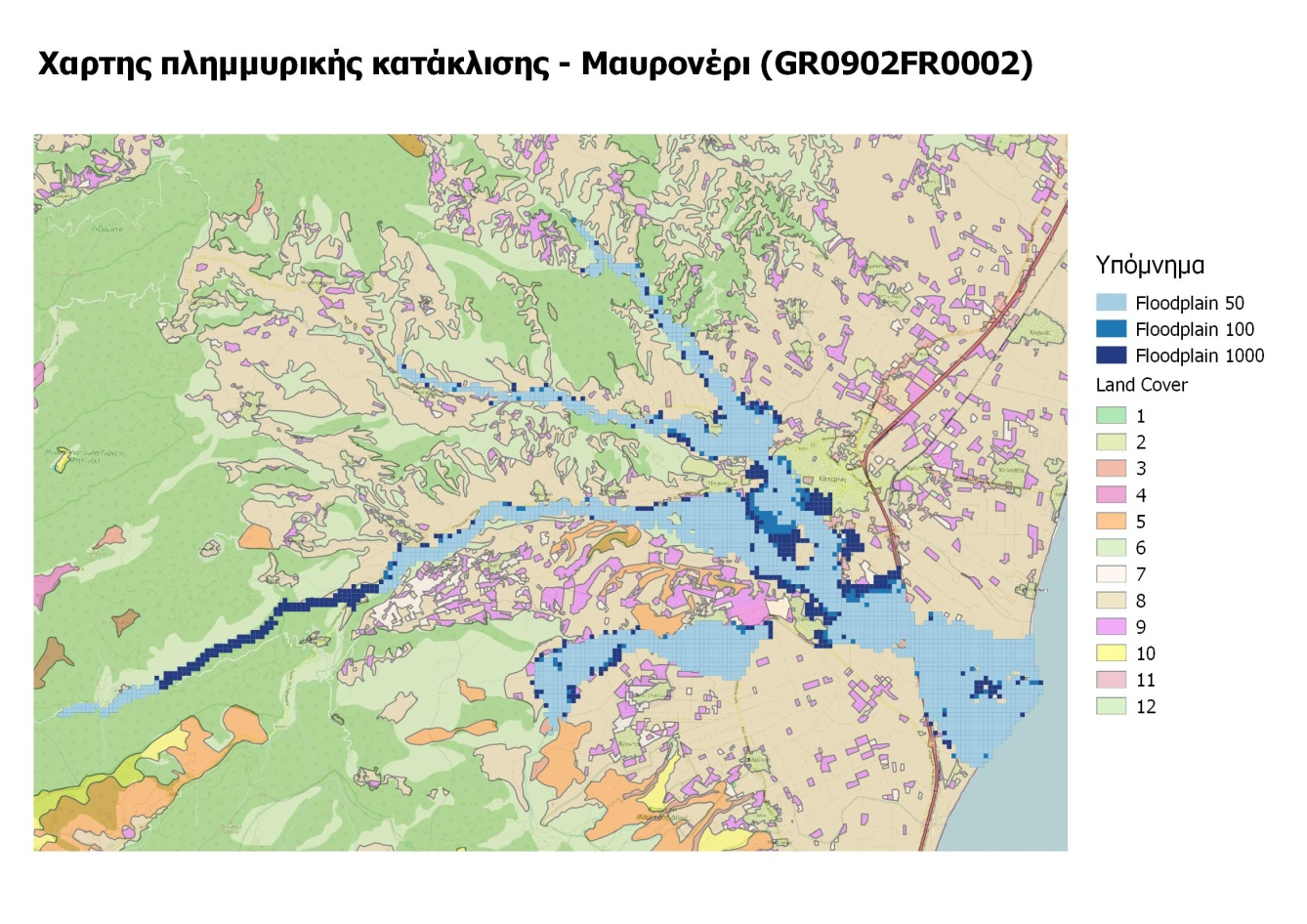 Εικόνα 5.12: Χάρτης πλημμυρικής κατάκλισης Ποταμός Μαυρονέρι Ποταμός Ξηρολάκκι Με βάση τα αποτελέσματα της μοντελοποίησης, παρατηρείται εκτεταμένη πλημμυρική κατάκλιση για περίοδο επαναφοράς Τ=50.