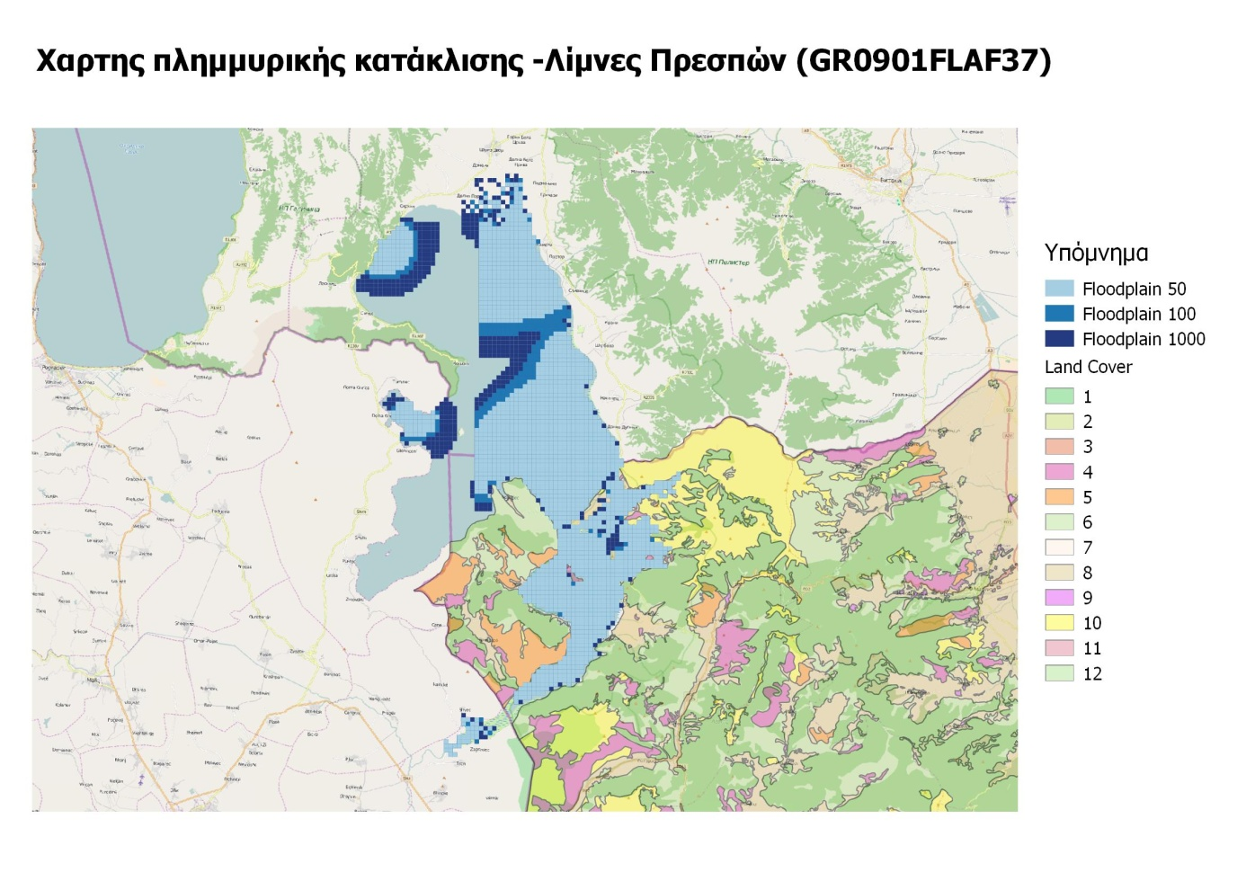 Εικόνα 5.19: Χάρτης πλημμυρικής κατάκλισης Λίμνες Πρεσπών Όσον αφορά τη στάθμη των λιμνών Πρεσπών παρατηρείται αύξηση αυτής για κάθε περίοδο επαναφοράς.