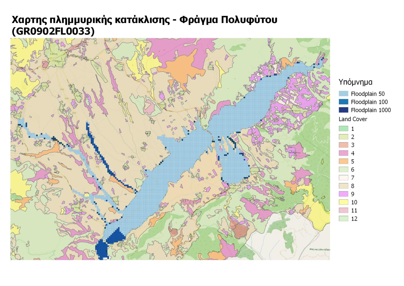 Εικόνα 5.25: Χάρτης πλημμυρικής κατάκλισης Φράγμα Πολυφύτου Φράγμα Σφηκιάς Με βάση τα αποτελέσματα της μοντελοποίησης, αποτυπώνεται όμοια πλημμυρική κατάκλιση για όλες τις περιόδους επαναφοράς.