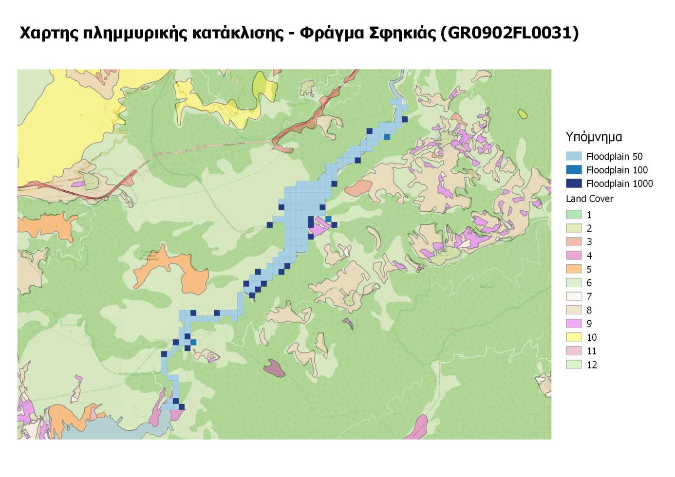 Εικόνα 5.26: Χάρτης πλημμυρικής κατάκλισης Φράγμα Σφηκιάς Φράγμα Ασωμάτων Με βάση τα αποτελέσματα της μοντελοποίησης, αποτυπώνεται όμοια πλημμυρική κατάκλιση για όλες τις περιόδους επαναφοράς.